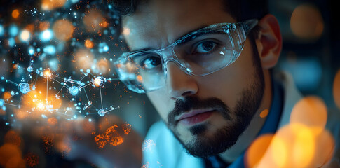 A focused scientist in glasses examines data with a digital overlay of molecular structures.