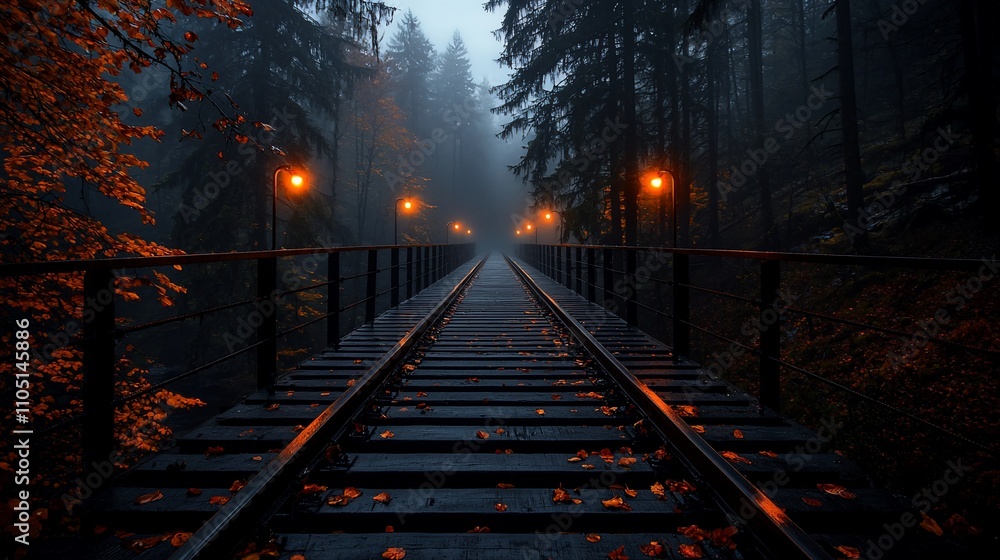 Poster misty autumn forest path with railway bridge and lights.