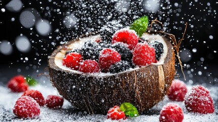 Delicious berry medley with coconut bowl gourmet food photography dark background artistic view