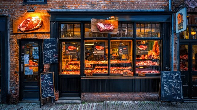 Crafting artisan cuts traditional butcher shop exterior urban setting photography vibrant atmosphere street view classic meat display for seo impact