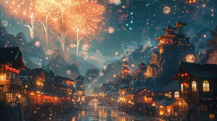 Festive winter night scene in a snow-covered Asian town with fireworks and lanterns.