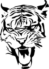 Black and White Tiger Head Illustration in Minimalist Line Art Style