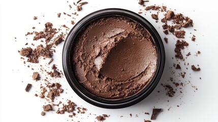 A small container of brown makeup with a pile of chocolate powder on top