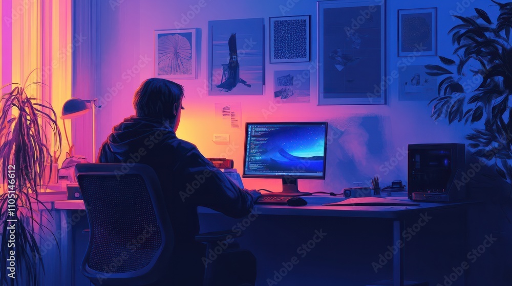 Poster a person sits at a desk with a computer, possibly working or studying