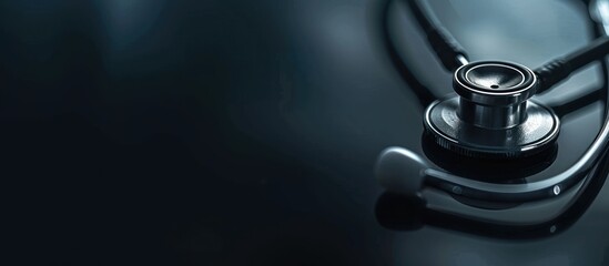 Blurred black background with copy space and closed stethoscope for medical concept, abstract banner template.