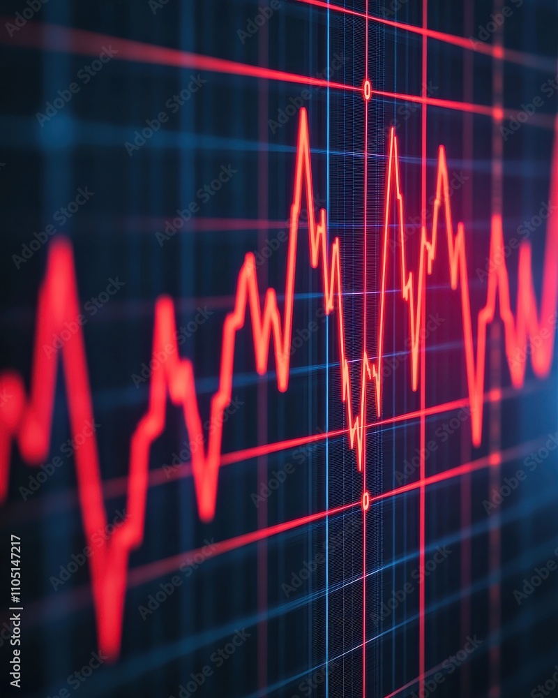 Poster a vibrant red line graph depicting fluctuating data points against a dark grid background, symbolizi