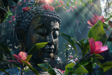 Beautiful greeting card with ancient statue great Buddha to bright holiday composition