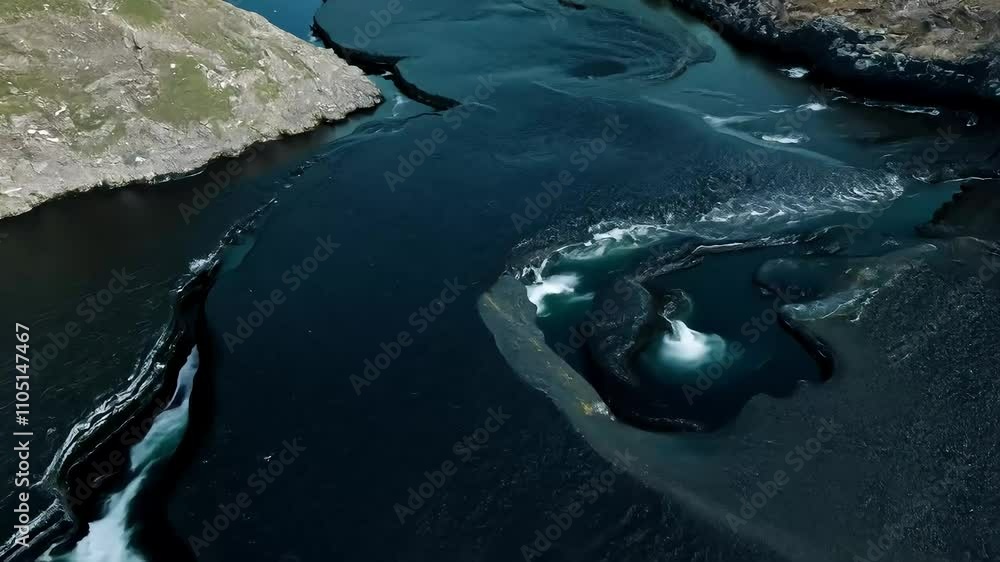 Poster rugged volcanic landscapes showcase powerful currents carving through the terrain, creating captivat
