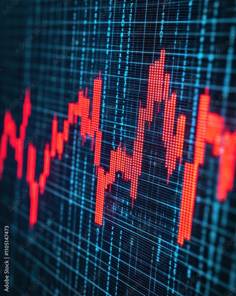 Poster a close-up view of a digital stock market chart displaying fluctuating red lines on a dark grid back