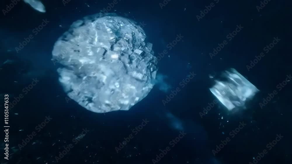 Poster Spaceship is navigating through a dense asteroid field, skillfully dodging debris. It approaches a wormhole, preparing for a journey through the cosmos