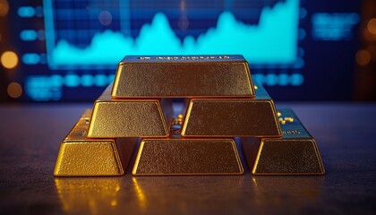 Concept for investing on Gold as safe haven; Gold bar on trolley with gold price candlestick chart in the background