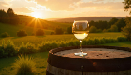 Glass of white wine on barrel at sunset in vineyard