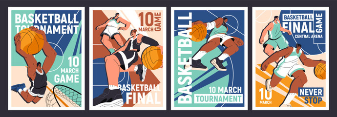 Basketball event poster designs set. Advertising of basket ball play. Promotion templates of sports game, competition, tournament, championship. Sportsmen struggle at match. Flat vector illustrations