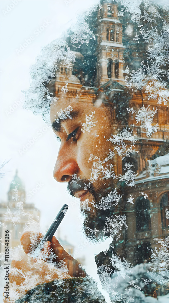 Aufkleber a contemplative man with a snowy overlay, blending nature and architecture.