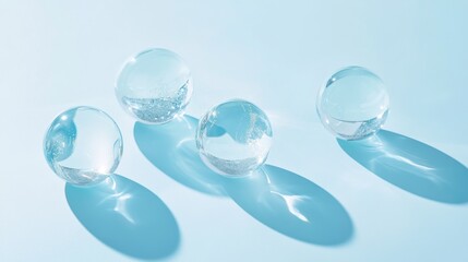 46.Elegant composition of a blue background featuring several transparent glass spheres, softly illuminated by natural sunlight. The smooth, reflective surface of the spheres adds dimension, with