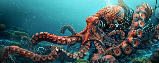 Obraz premium Colorful Octopus Exploring Sunken Submarine in Vibrant Ocean Scene