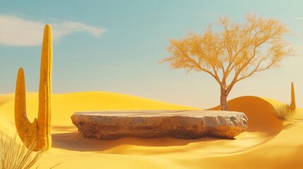 90.Summer desert scene with a large rock platform in the middle of golden sand dunes, framed by a dry tree and a cactus. The bright yellow sunlight casts long shadows across the sand, creating a