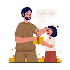 Cartoon character of a girl student giving surprise gift to her male teacher vector illustration