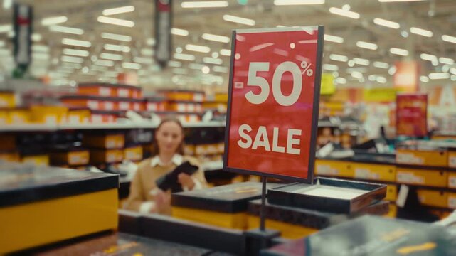 Shoppers are exploring the aisles filled with discounted items during a sale event. Bright signage highlights the 50 percent off promotion, attracting customers to various sections.