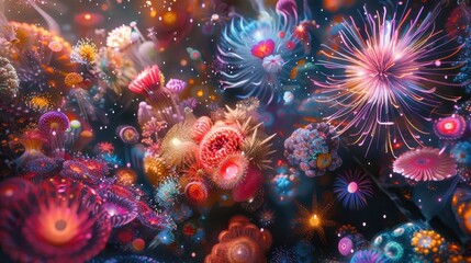Vibrant, bioluminescent, fantastical underwater coral reef scene with glowing flora.