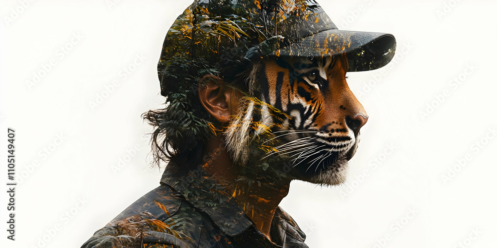 Poster A man with a tiger face blending into a forest background, symbolizing nature and wildlife.