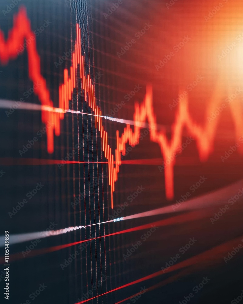 Poster a close-up of a fluctuating stock market graph displayed in red tones, indicating volatility and mar