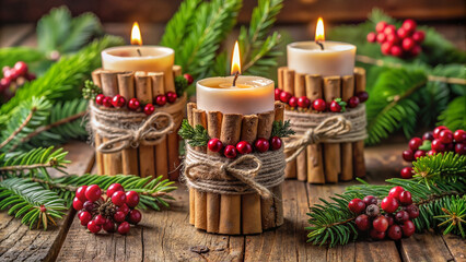 Rustic candles with berries and greenery on wooden base