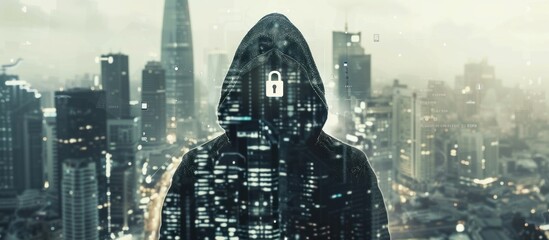 Double exposure of hacker and city view with digital padlock, data security concept.