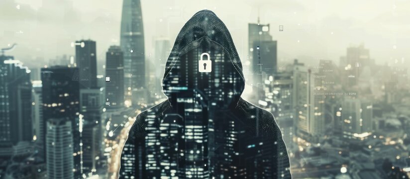 Double exposure of hacker and city view with digital padlock, data security concept.