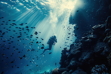 Beautiful diver goes on an underwater adventure in frighteningly deep sea
