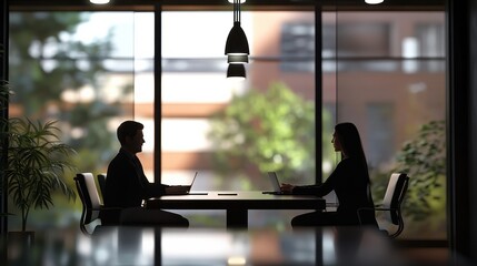 Fototapeta premium Business team meeting in office, businessman and businesswoman sitting around the table and discussing, blurred faces