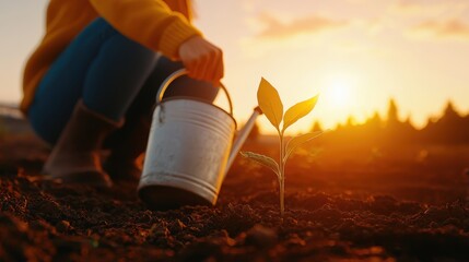 A person waters a young plant during sunset, symbolizing growth, nurturing, and the beauty of nature.