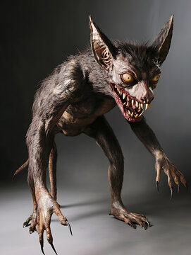 Realistic chupacabra creature with sharp claws and fierce expression, showcasing its menacing features in dark setting. This mythical beast captivates with its eerie presence