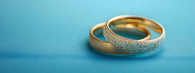  Two golden wedding rings, one smooth and the other with a textured finish, sitting side by side on a table, in a close-up view of their sides.