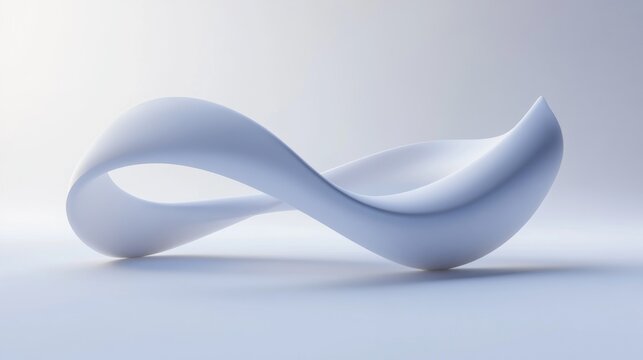 60.Digital 3D rendering of a MÃ¶bius strip with smooth, upturned surfaces, floating in front of a plain white background. The abstract geometry is highlighted by soft shadows, creating a sleek,