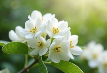 Fototapeta premium Delicate White Blossoms on Green Branch.