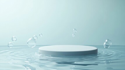 66.Minimalist 3D scene with a circular podium emerging from a smooth water surface. Bubbles rise to the surface, creating a tranquil, reflective effect. The podium appears as if floating, with the