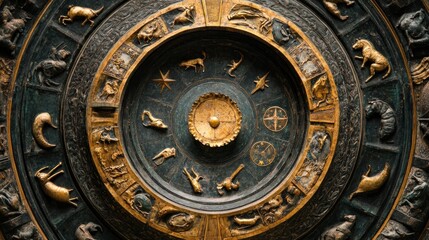 Fototapeta premium Ornate zodiac wheel featuring astrological symbols and designs.