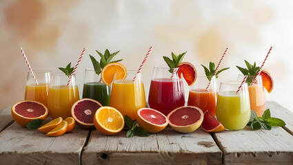 Fototapeta premium a refreshing scene of juice glasses with straws, paired with fresh fruits, displayed on a table, with a blurred background creating a soft, airy ambiance.