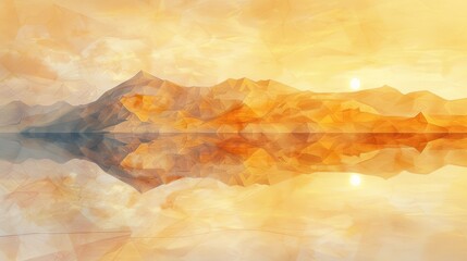 Golden hour sunset reflected on calm lake with polygonal mountains.