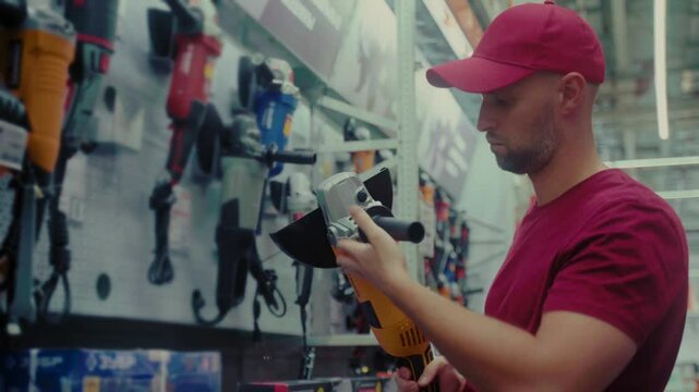 In a hardware store, a man inspects and evaluates an angle grinder, assessing its features and suitability for his woodworking needs. He considers various models and options.