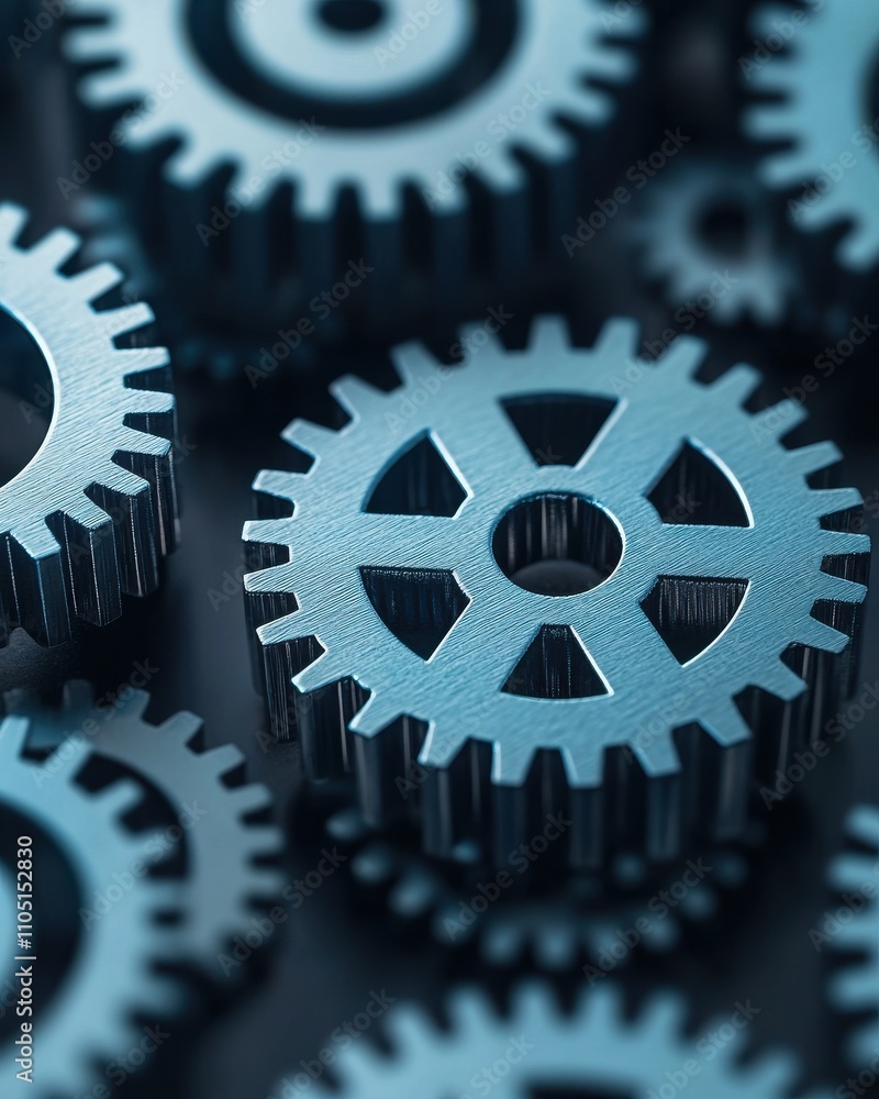 Poster a close-up of metallic gears interlocking, showcasing intricate details and a smooth, dark backgroun