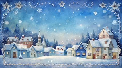 Fototapeta premium Snowy village under a starlit night sky