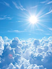 A radiant blue summer sky with a bright and bold sun shining brightly against the horizon, vibrant sun, sunny weather, bright sun, distant landscape., warm sunlight