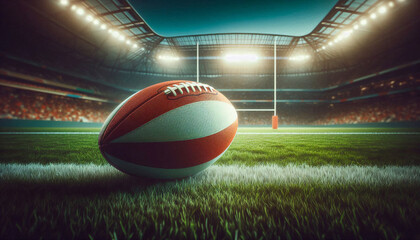 A rugby ball resting on lush green grass in a brightly lit stadium, ready for a game