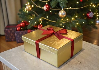 Obraz premium Golden Gift Box Under Christmas Tree: A beautifully wrapped gold gift box with a red ribbon sits under a Christmas tree, symbolizing the joy and anticipation of the holiday season. 