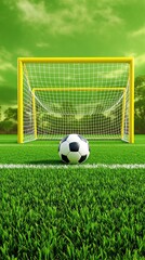 Fototapeta premium A soccer ball resting against a yellow soccer goal with a lush green grass field stretching out to the sides , athletic, goalpost, sporty, green, soccer