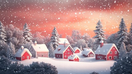 Fototapeta premium A picturesque winter village scene, covered in snow, with small, charming houses and snow-covered evergreen trees under a soft, rosy sunset and falling snow.