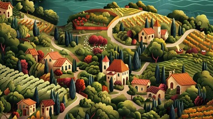 Obraz premium Idyllic countryside village nestled amongst vineyards and olive groves near a calm sea.