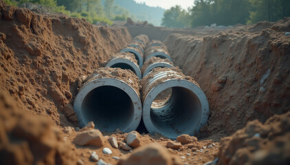 A scene of culvert concrete construction, focusing on the large concrete culvert sections being placed into a trench or excavation site